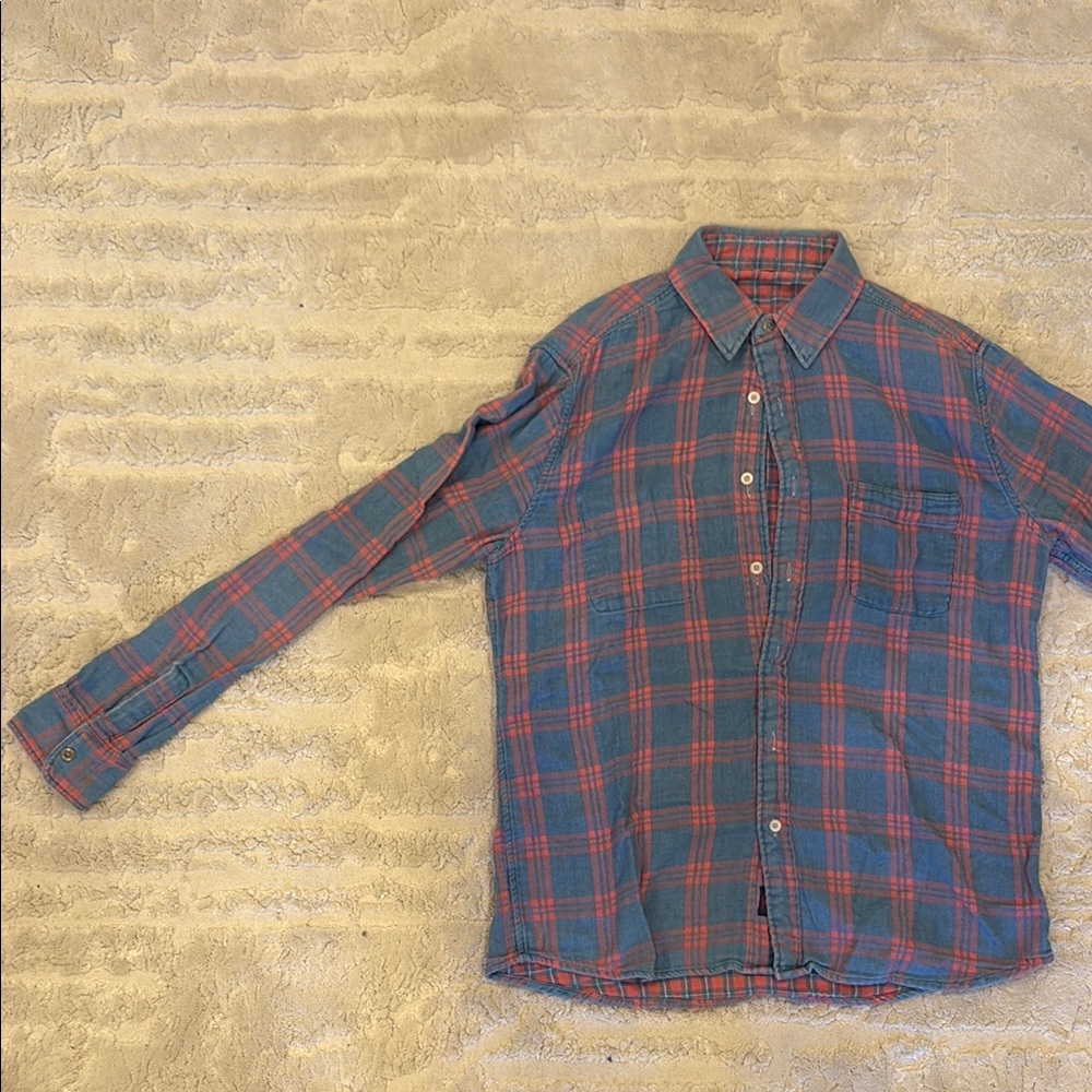 Faherty Men's Medium Reversible Quilted Cotton Plaid Flannel - Blue & Light Red